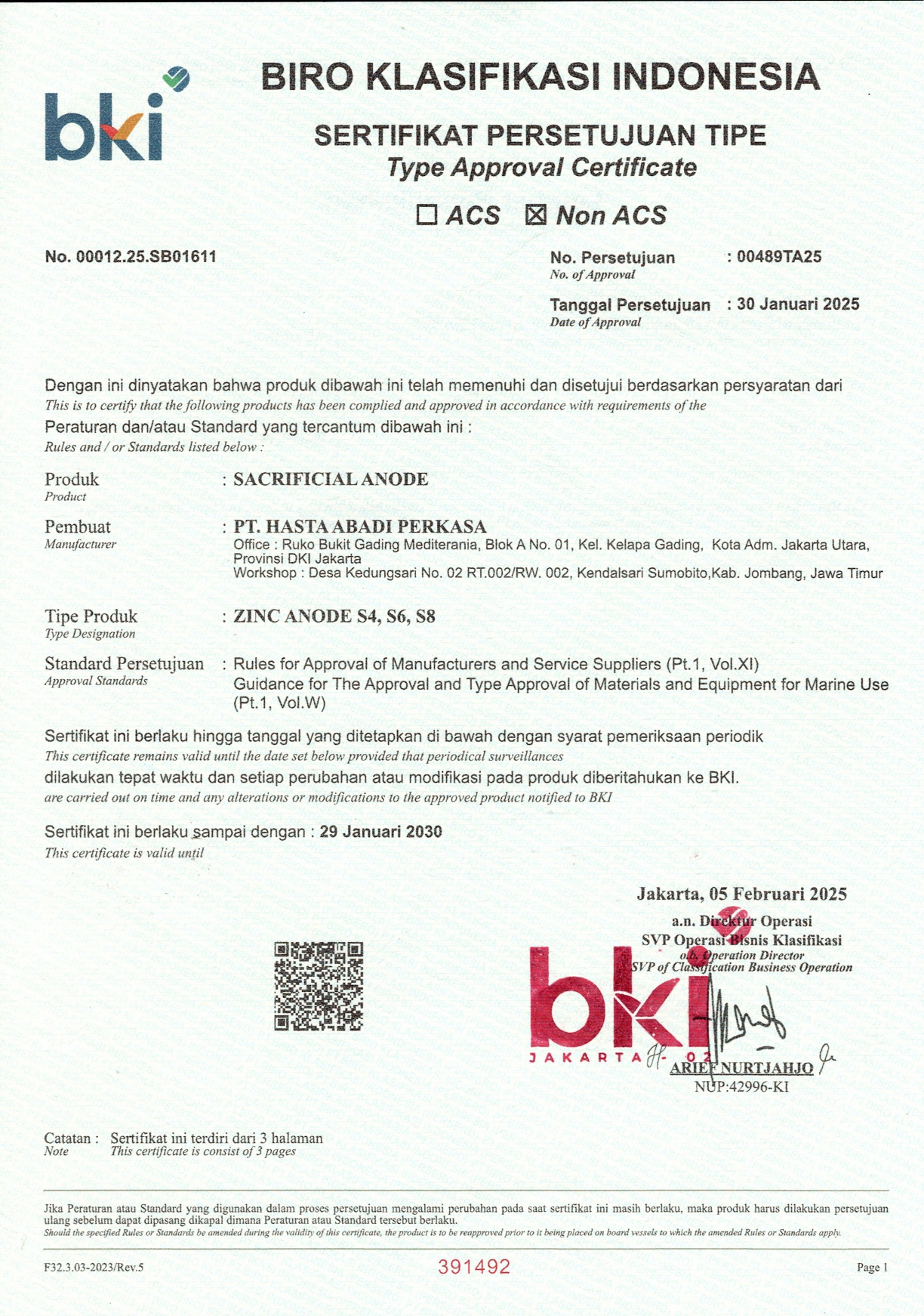 Sertifikat BKI Zinc Anode